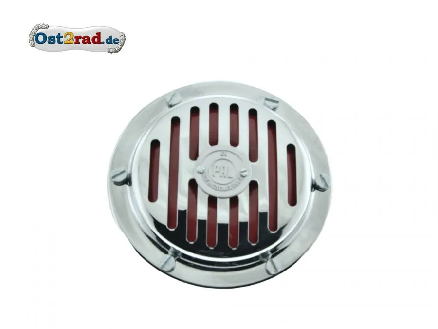 Hupe Jawa 6V silberne Pal-Plakette innen rot Hupe Jawa 6V silberne Pal-Plakette innen rot