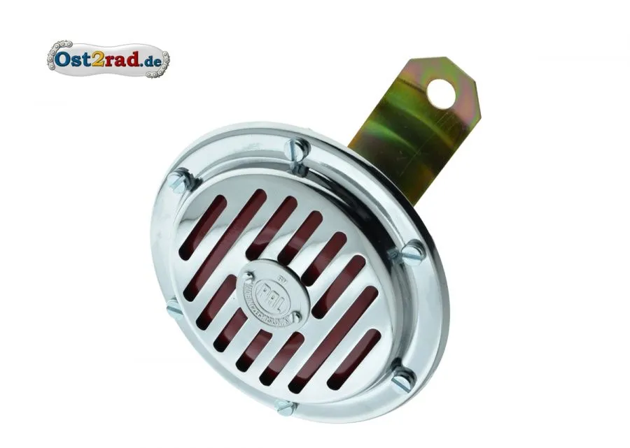 Hupe Jawa 12V silberne Pal-Plakette innen rot Hupe Jawa 12V silberne Pal-Plakette innen rot