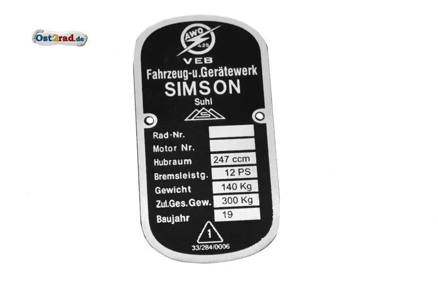 Typenschild SIMSON AWO -T 425 abgerundete Ecken Typenschild SIMSON AWO -T 425 abgerundete Ecken