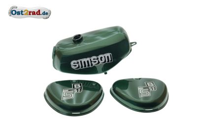 Tank Set mit Seitendeckel S51 S70 ForestGreen Metallic, versiegelt, mit Aufkleber Simson