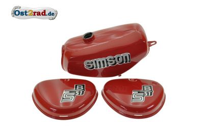 Tank Set mit Seitendeckel S51 S70 Kirschrot Metallic, versiegelt, mit Aufkleber Simson