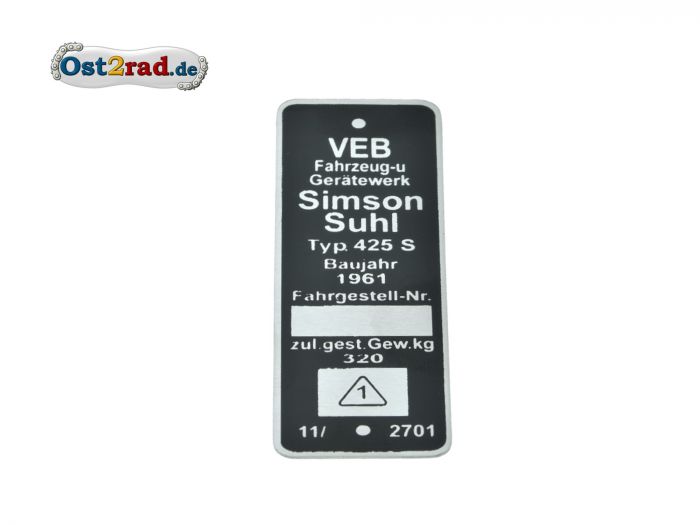 Typenschild Simson AWO-S 425 eckig